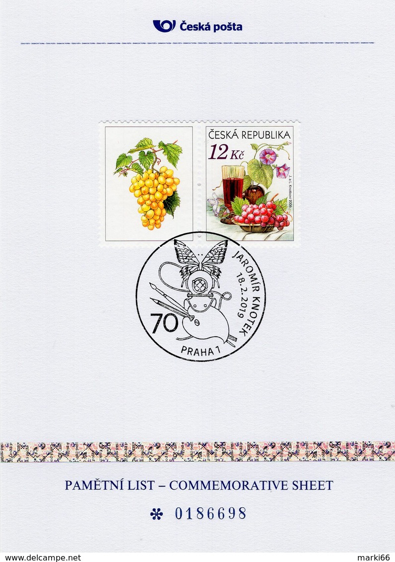 Czech Republic - 2019 - Grapes And Wine - Artist Jaromir Knotek 70th Birthday - Commemorative Sheet With Hologram - Covers & Documents