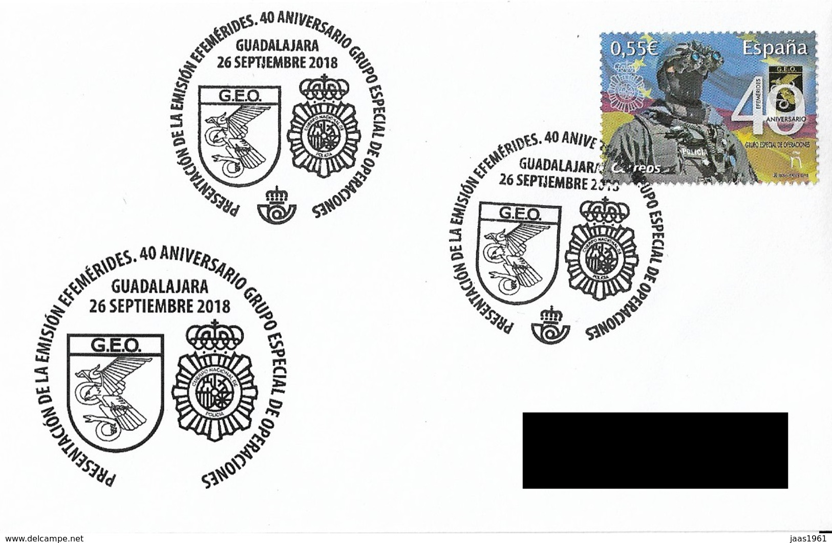 SPAIN. POSTMARK. 40th ANNIV. SPECIAL OPERATIONS GROUP. GEO. POLICE. GUADALAJARA 2018 - Máquinas Franqueo (EMA)