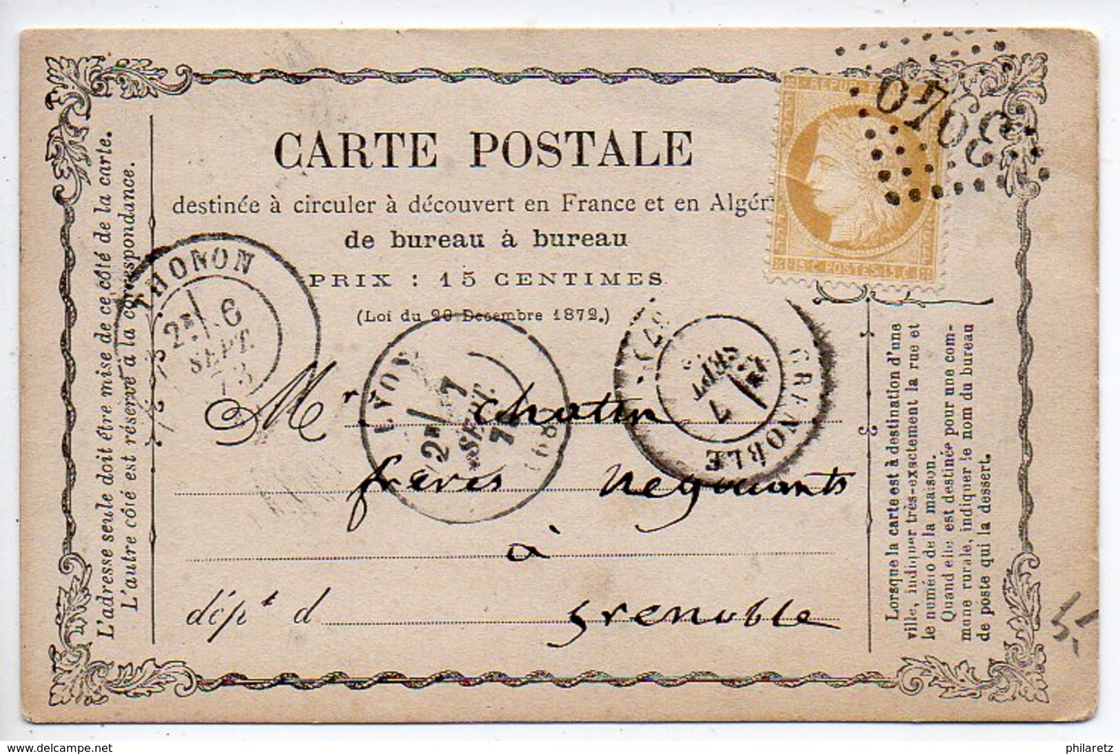 15c Cérès (n° 59) Sur Carte Précurseur De 1873 De Thonon Pour Grenoble - 1849-1876: Période Classique