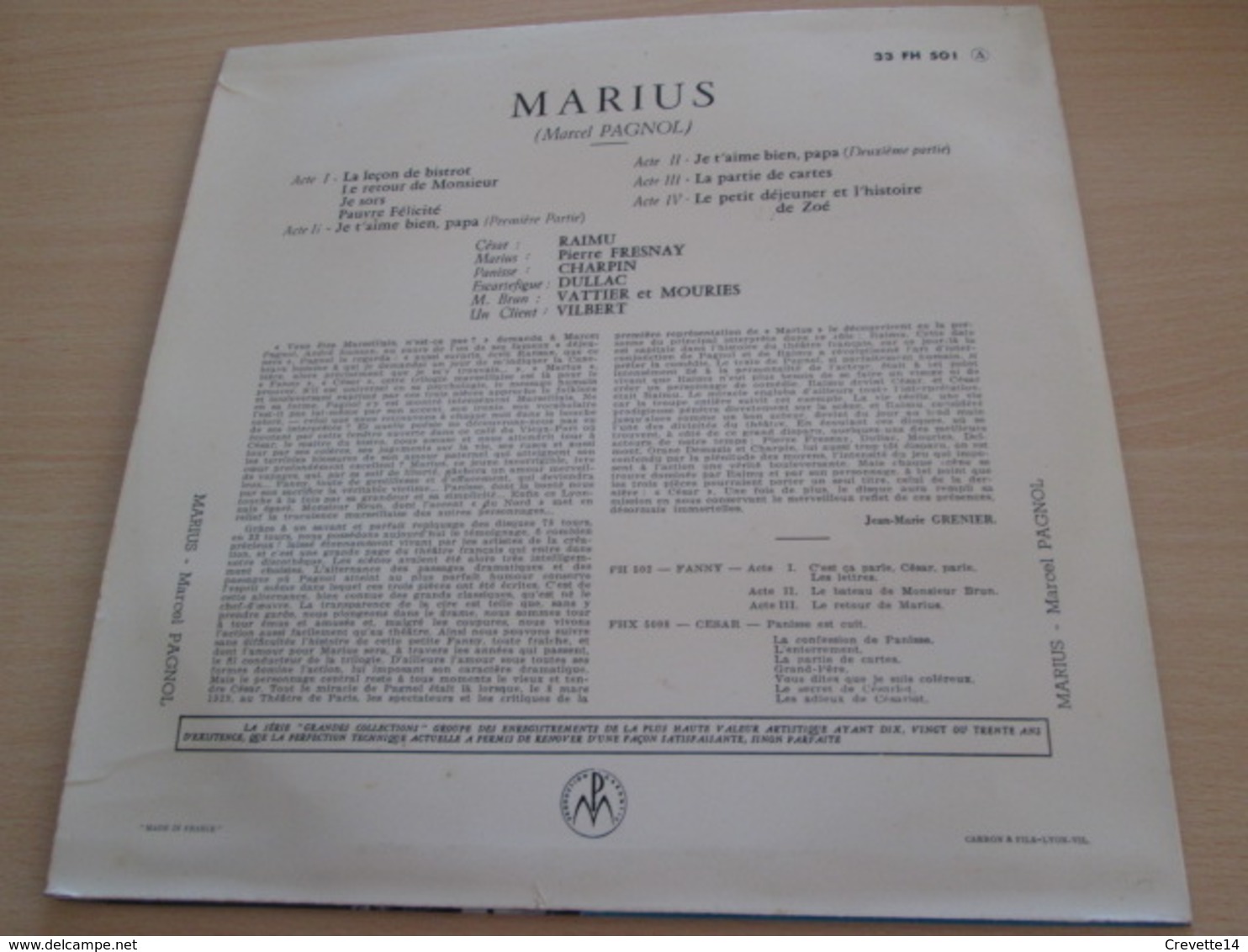 VYNIL 33t 25 Cm TBE : Marius De Marcel Pagnol, Raimu, Pierre Fresnay, Charpin. 33TColumbia 33FH501 - Formats Spéciaux