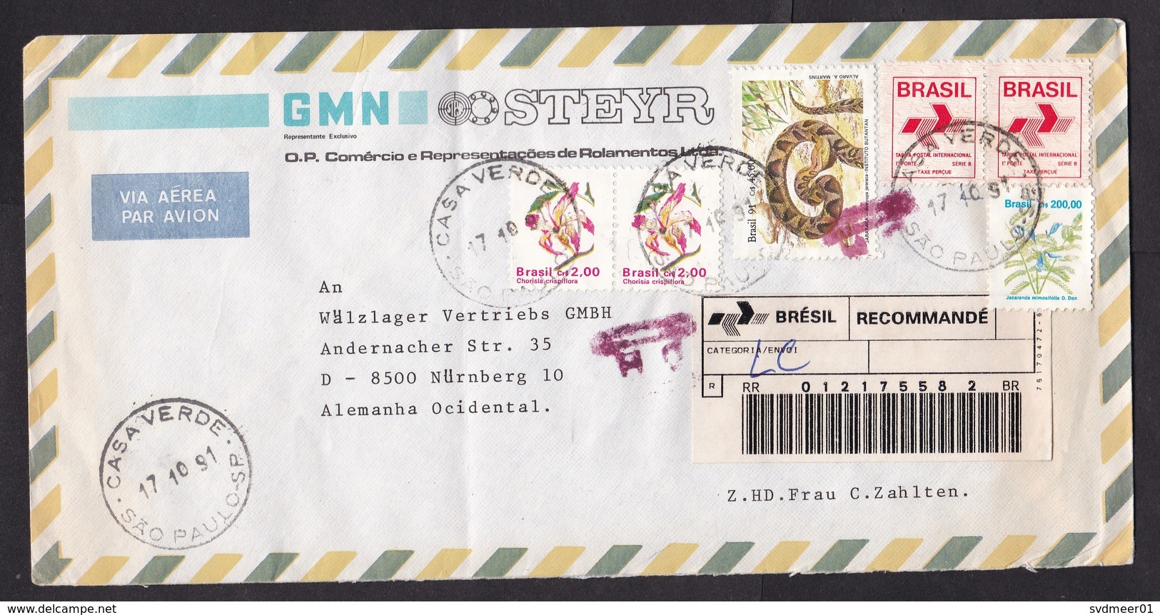 Brazil: Registered Airmail Cover Casa Verde To Germany, 1991, 6 Stamps, Flower, Snake, R-label (damaged, See Scan) - Brieven En Documenten