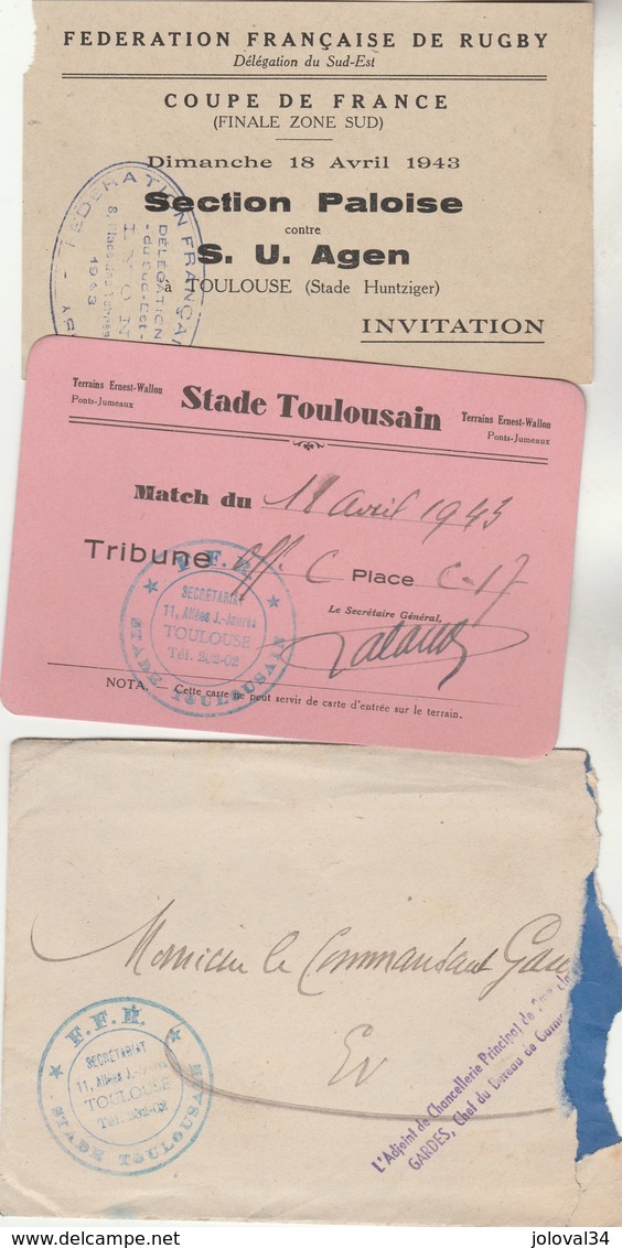 RARE Rugby  Billet Entrée  18/4/1943 Invitation Cachet FFR Pau Agen + Stade Toulousain Avec Enveloppe Toulouse - Tickets D'entrée