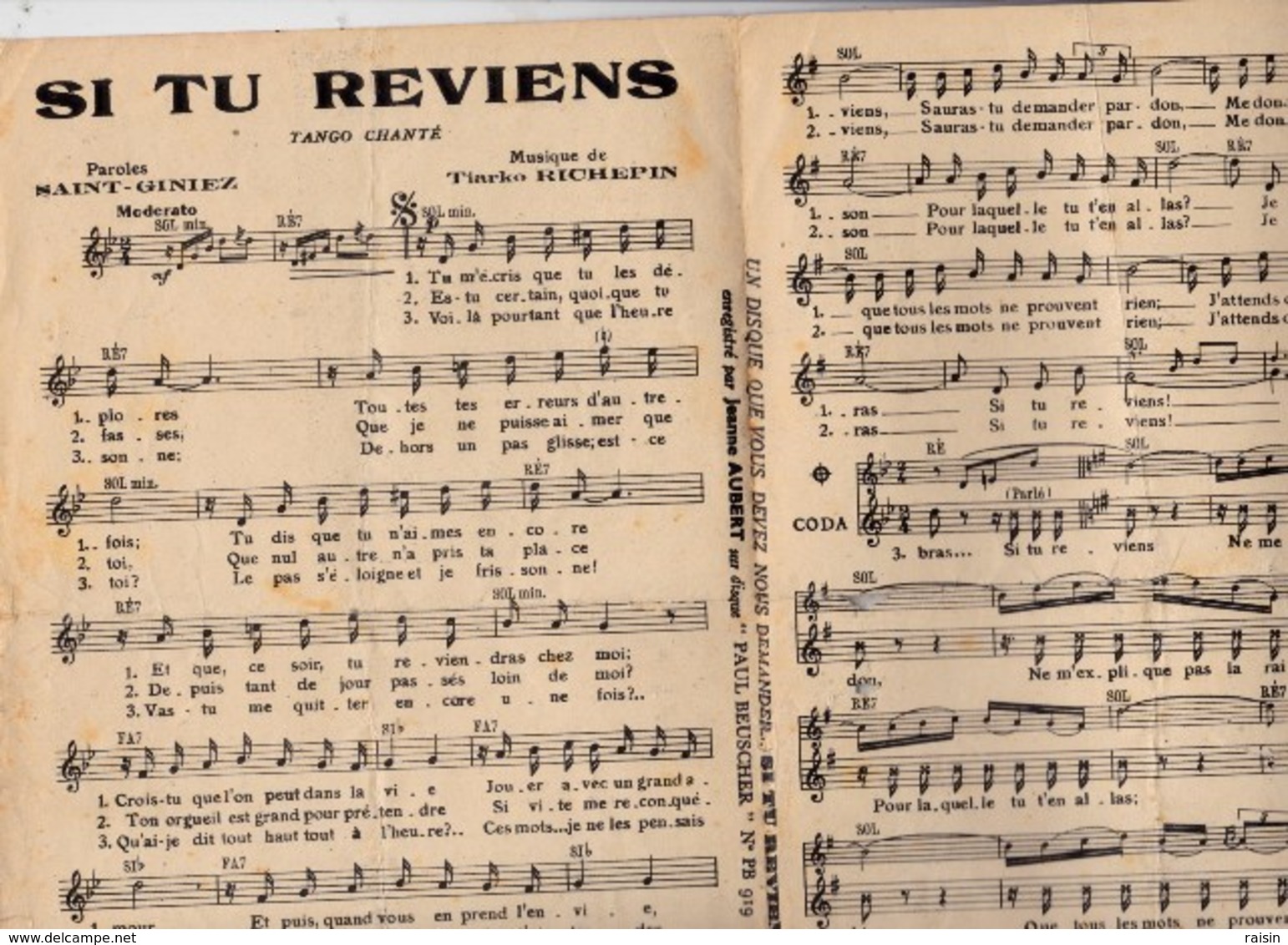 Si Tu Reviens Tango Chanté Musique T.Richepin  Paroles De St Giniez Ed. P.Beuscher état Moyen - Partitions Musicales Anciennes