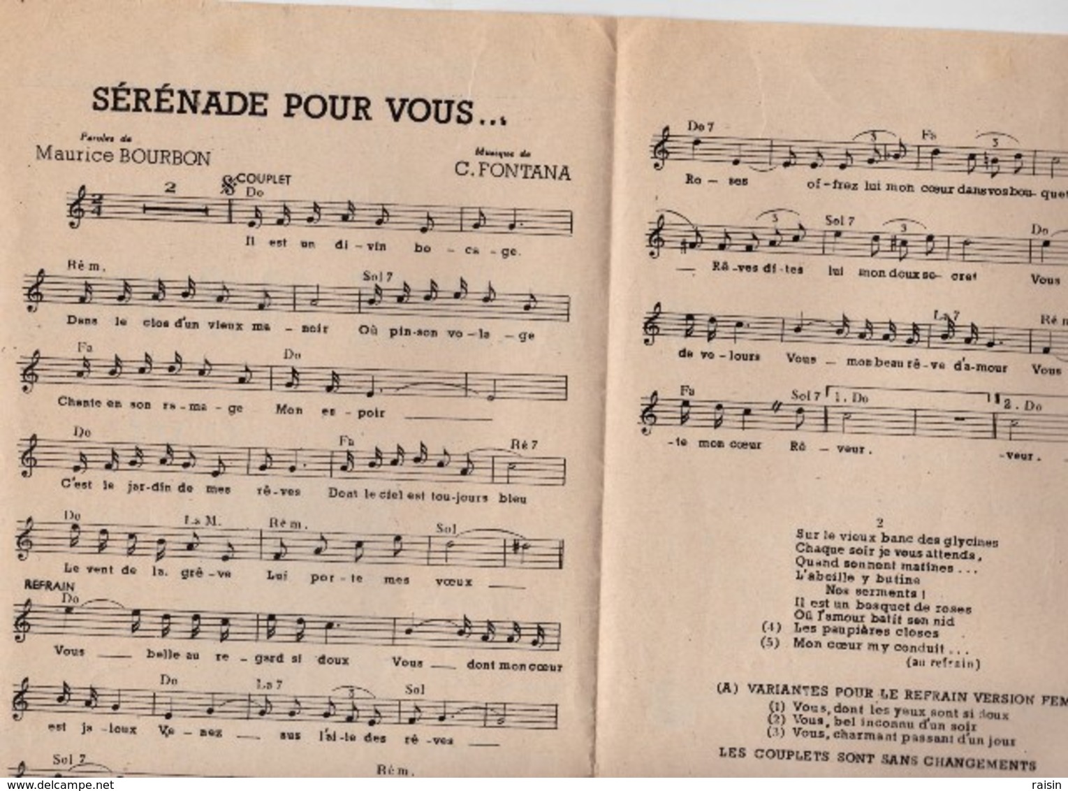 Sérénade Pour Tous (opérette Cendrillon) Musique C.Fontana Paroles Maurice Bourbon TBE - Partitions Musicales Anciennes