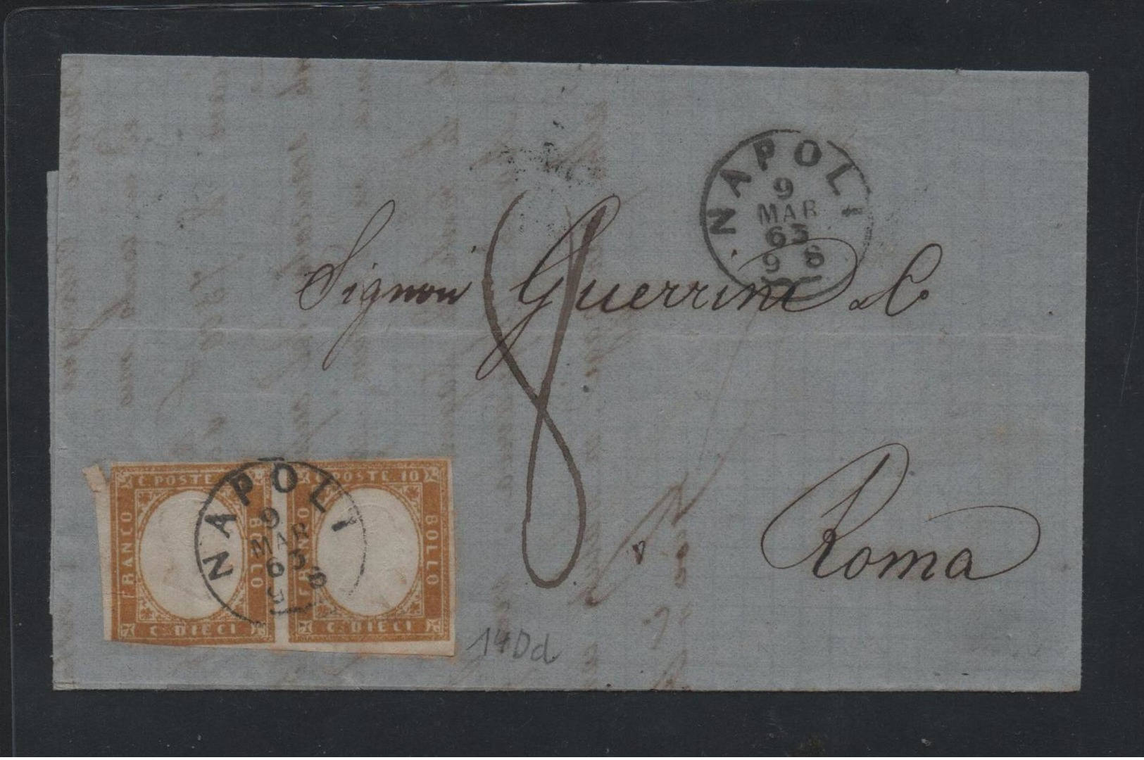 IV: 10 Cent Giallo Ocra Coppia Su Lett. 1863 Napoli- Roma Tassata 8 (€ 400+) - Sardegna