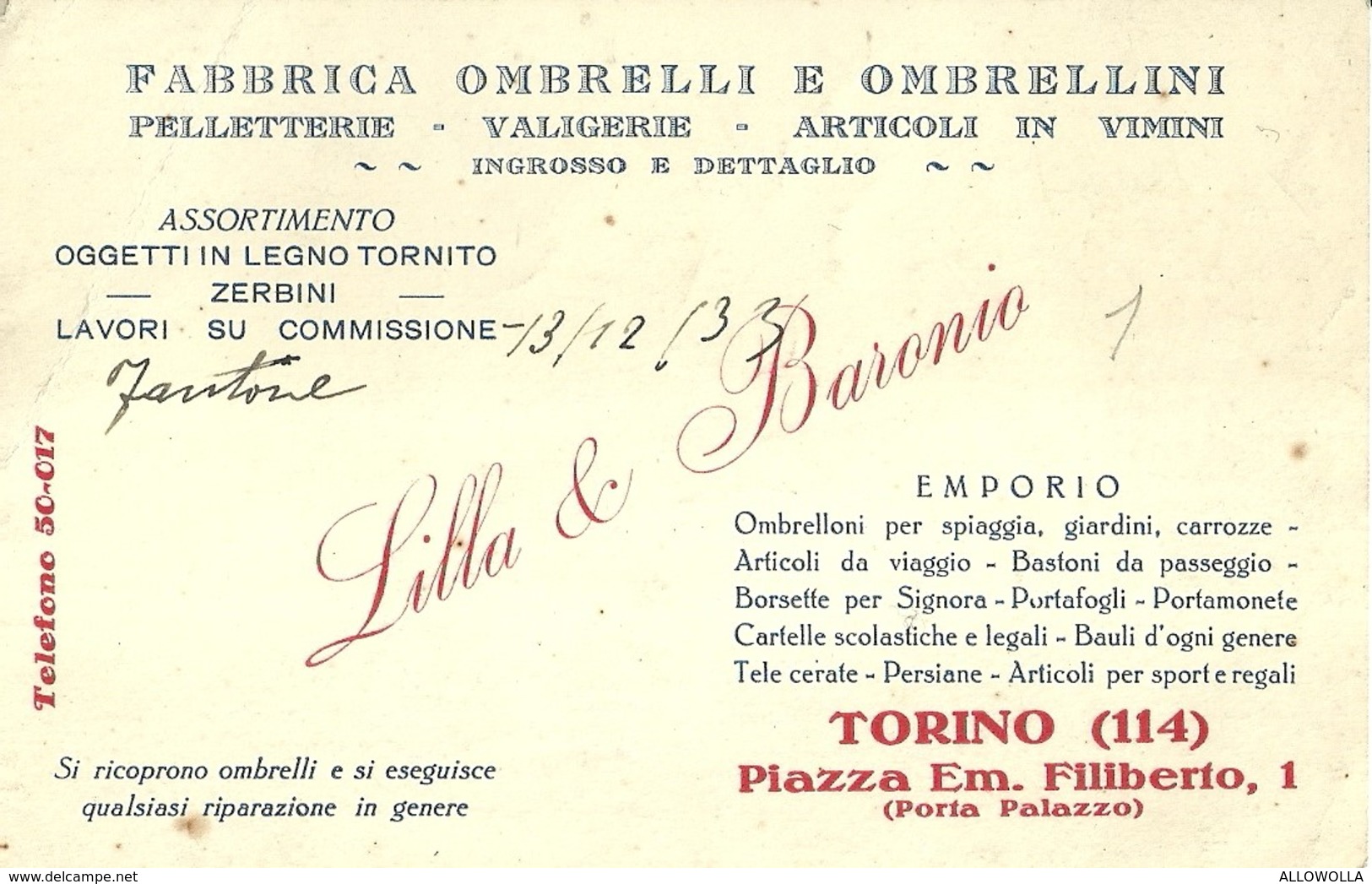 2710 " FABBRICA OMBRELLI E OMBRELLINI-PELLETT.-VALIGERIE-ART. IN VIMINI - INGROSSO E DETTAGLIO - TORINO " ORIGINALE - Cartoncini Da Visita