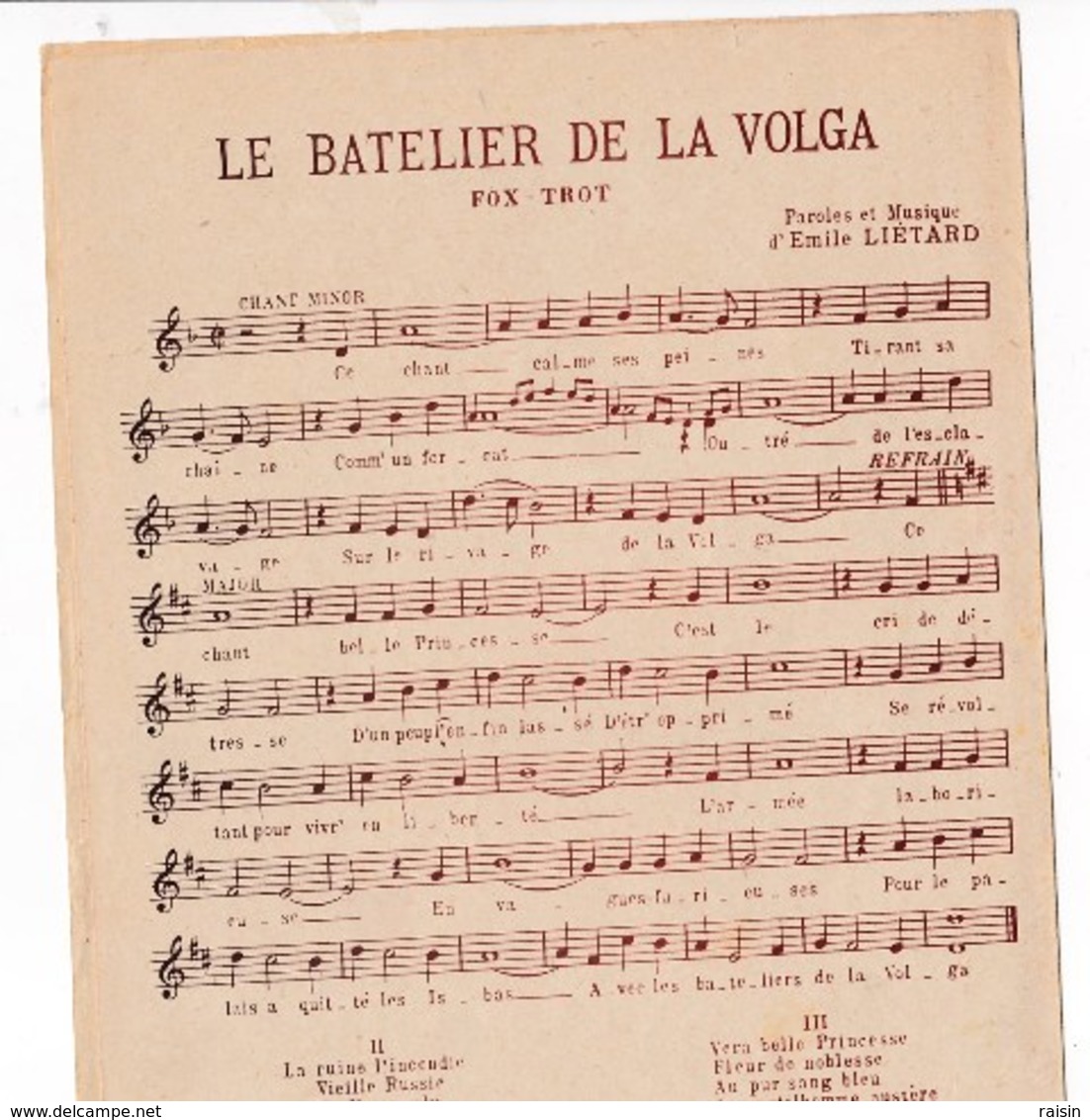 Le Batelier De La Volga Fox-trot Paroles Et Musique Emile Liétard  BE - Partitions Musicales Anciennes