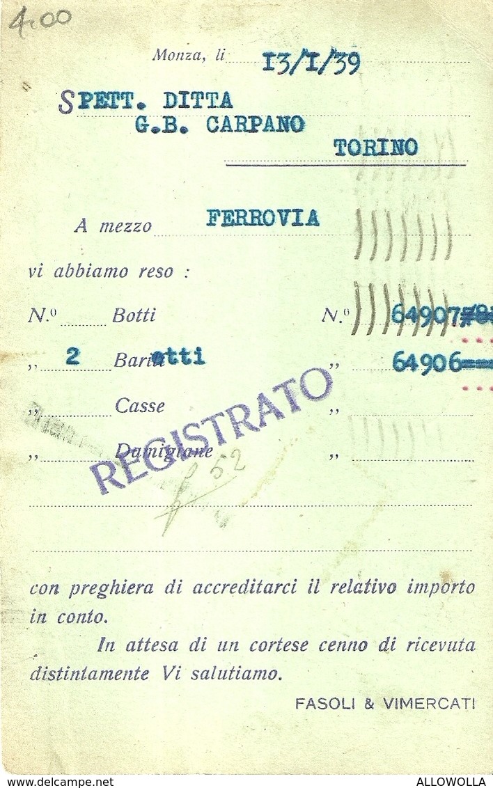 2711 " FASOLI & VIMERCATI - MONZA - PREMIATA FABBRICA LIQUORI E SCIROPPI " CARTOLINA POSTALE ORIGINALE SPEDITA - Mercanti