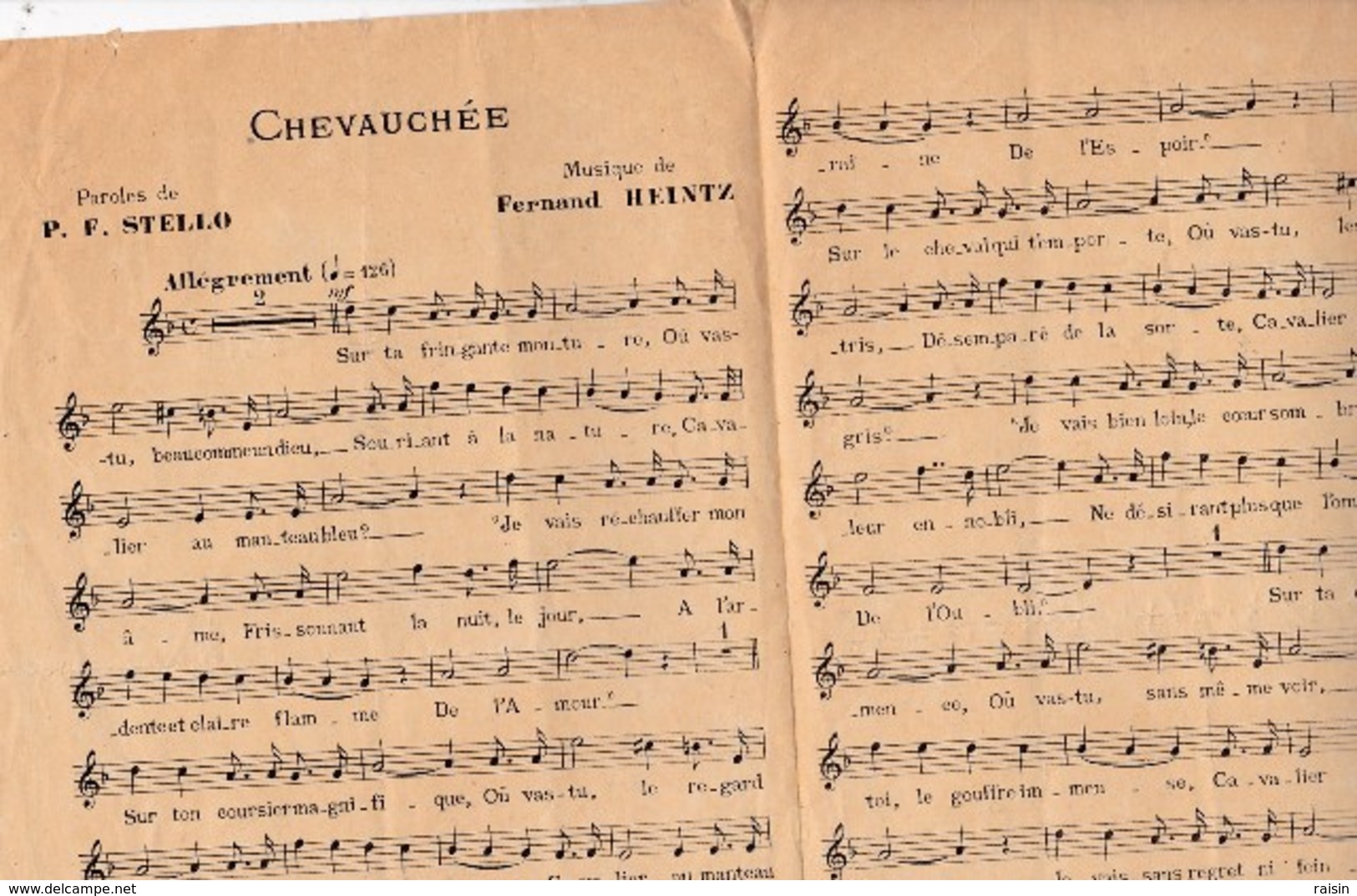 Chevauchée  1931 Musique Fernand Heintz  Paroles P.F.Stello "La Parisienne" Ed.Musicale G.Lorette état Moyen - Partitions Musicales Anciennes