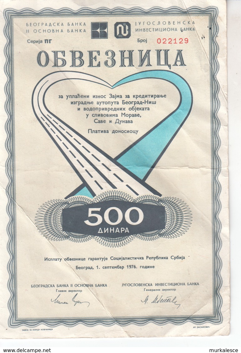 3793   OBVEZNICA  500  DINARA - Yugoslavia