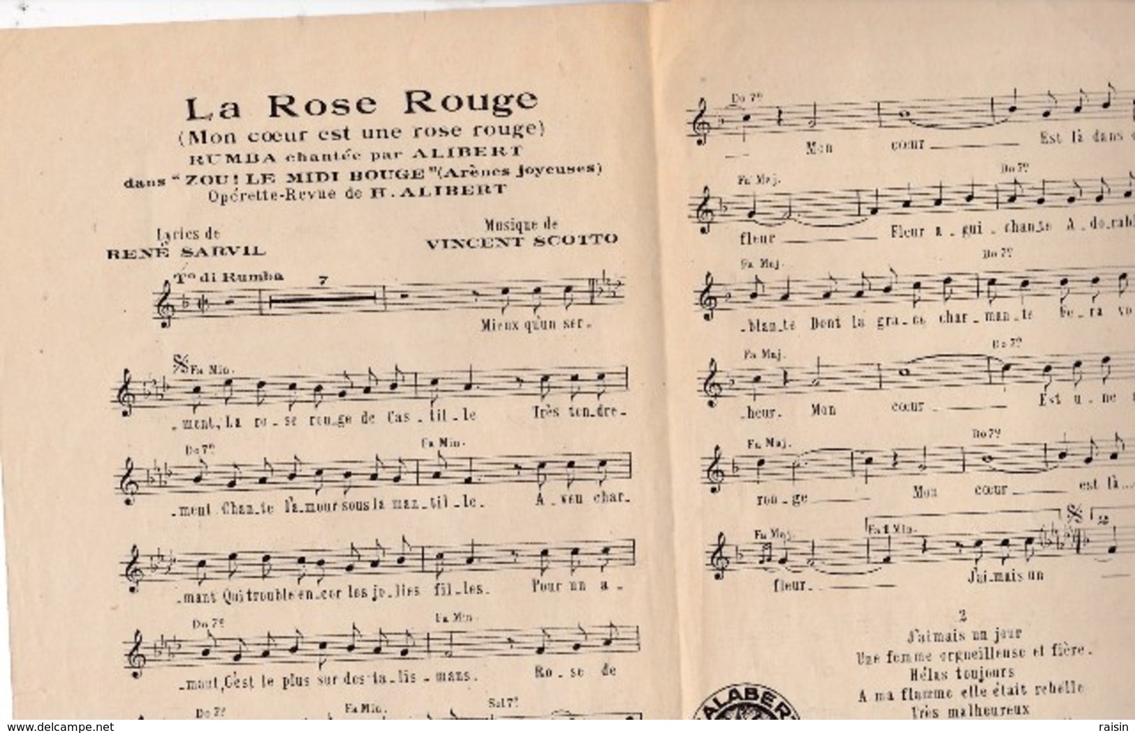 La Rose Rouge  Rumba Chantée Par H.Alibert  Musique Vincent Scotto  Lyrics De René Sarvil Ed.Salabert TBE - Partitions Musicales Anciennes