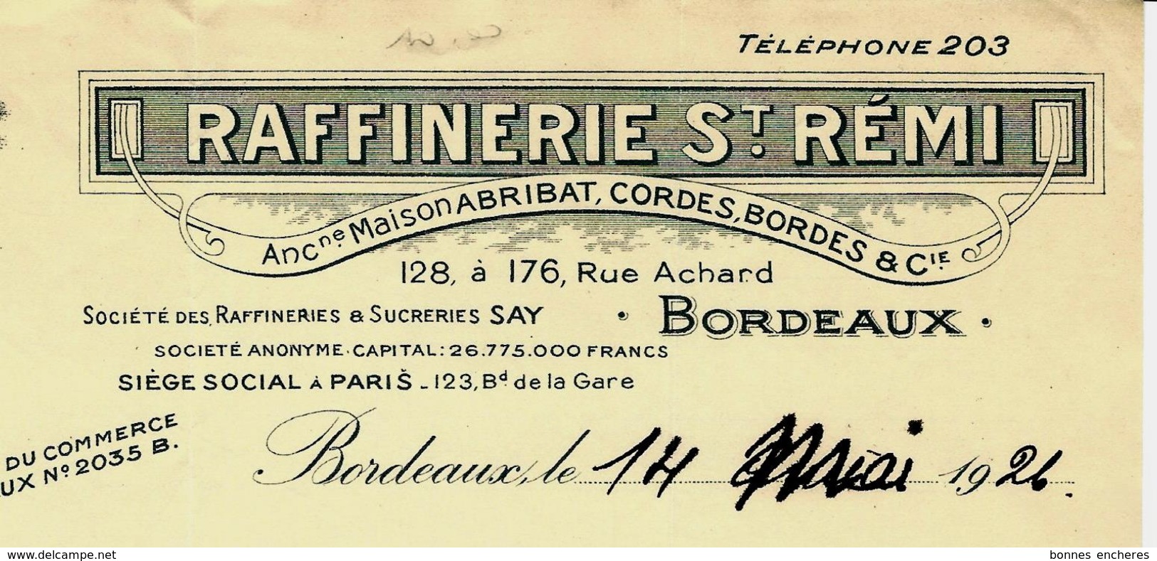 1926 RAFFINERIE SAINT REMI à BORDEAUX Pour Besse Veuve Cabrol Bordeaux VOIR SCANS+HISTORIQUE - 1900 – 1949