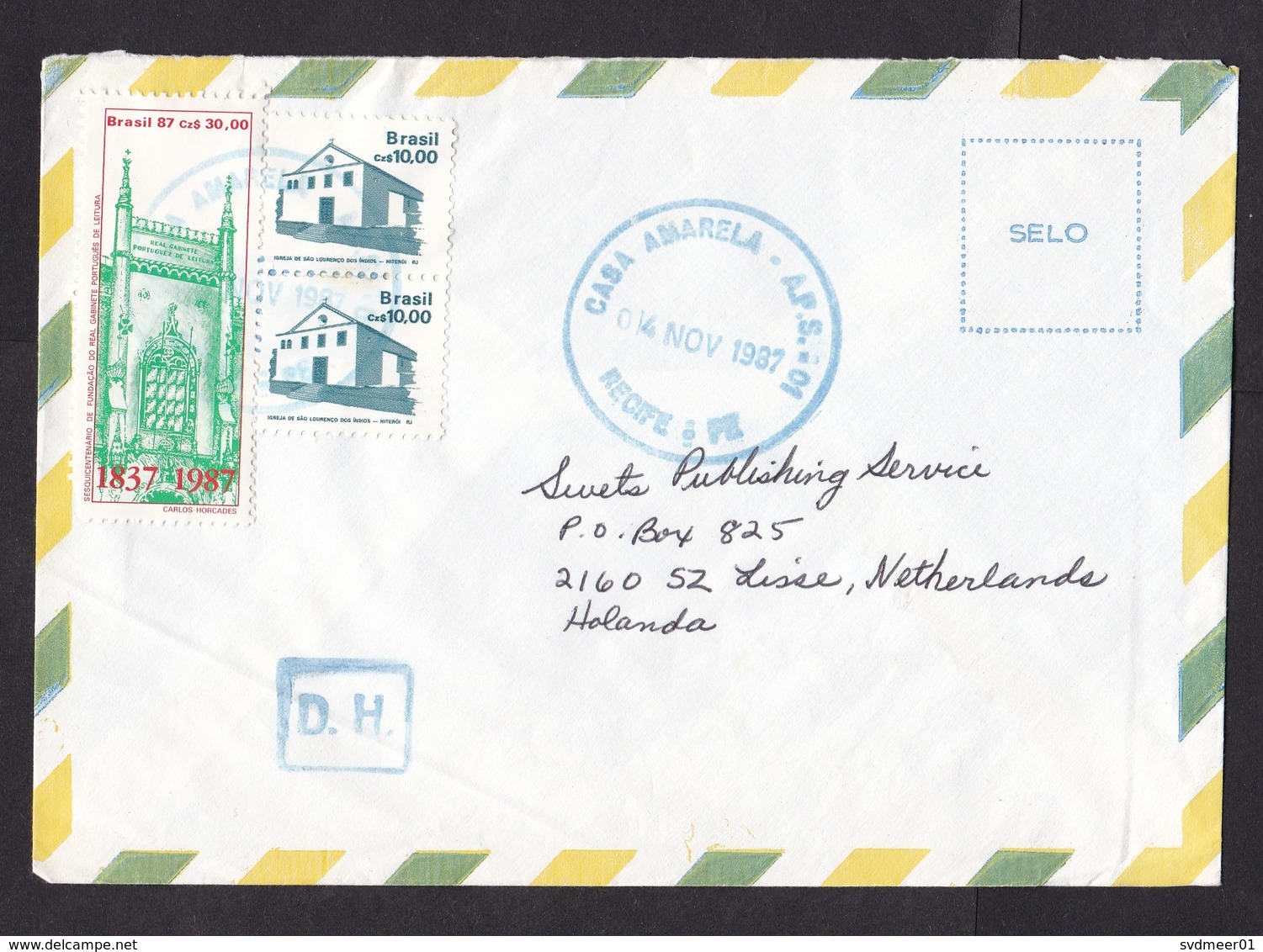 Brazil: Airmail Cover Casa Amarela To Netherlands, 1987, 3 Stamps, Church, Architecture (minor Damage, See Scan) - Brieven En Documenten