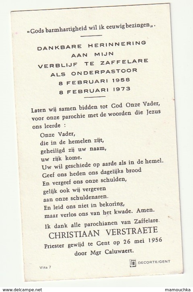 Dankbare Herinnering Aan Mijn Verblijf Te Zaffelare Als Onderpastoor 1958-1973 Christiaan VERSTRAETE Priester Gent - Images Religieuses