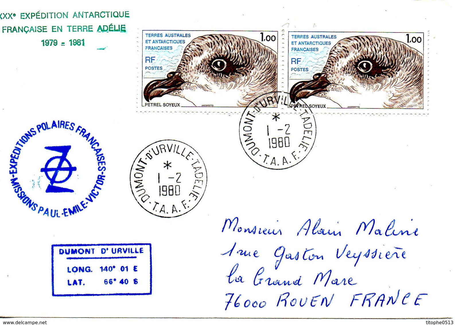 TAAF. N°78 De 1979 Sur Enveloppe Commémorative De 1980. Pétrel. - Antarctic Wildlife