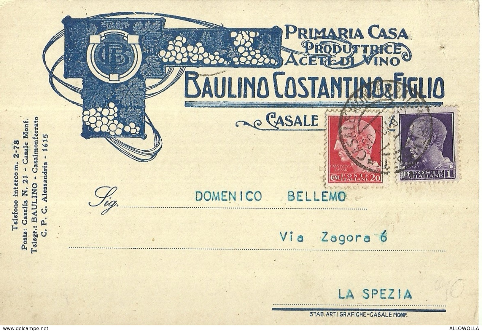 2717 "BAULINO COSTANTINO & FIGLIO-PRIMARIA CASA PRODUTTRICE ACETI DI VINO-CASALE MONF" CARTOLINA POSTALE ORIGINALE SPED. - Autres & Non Classés