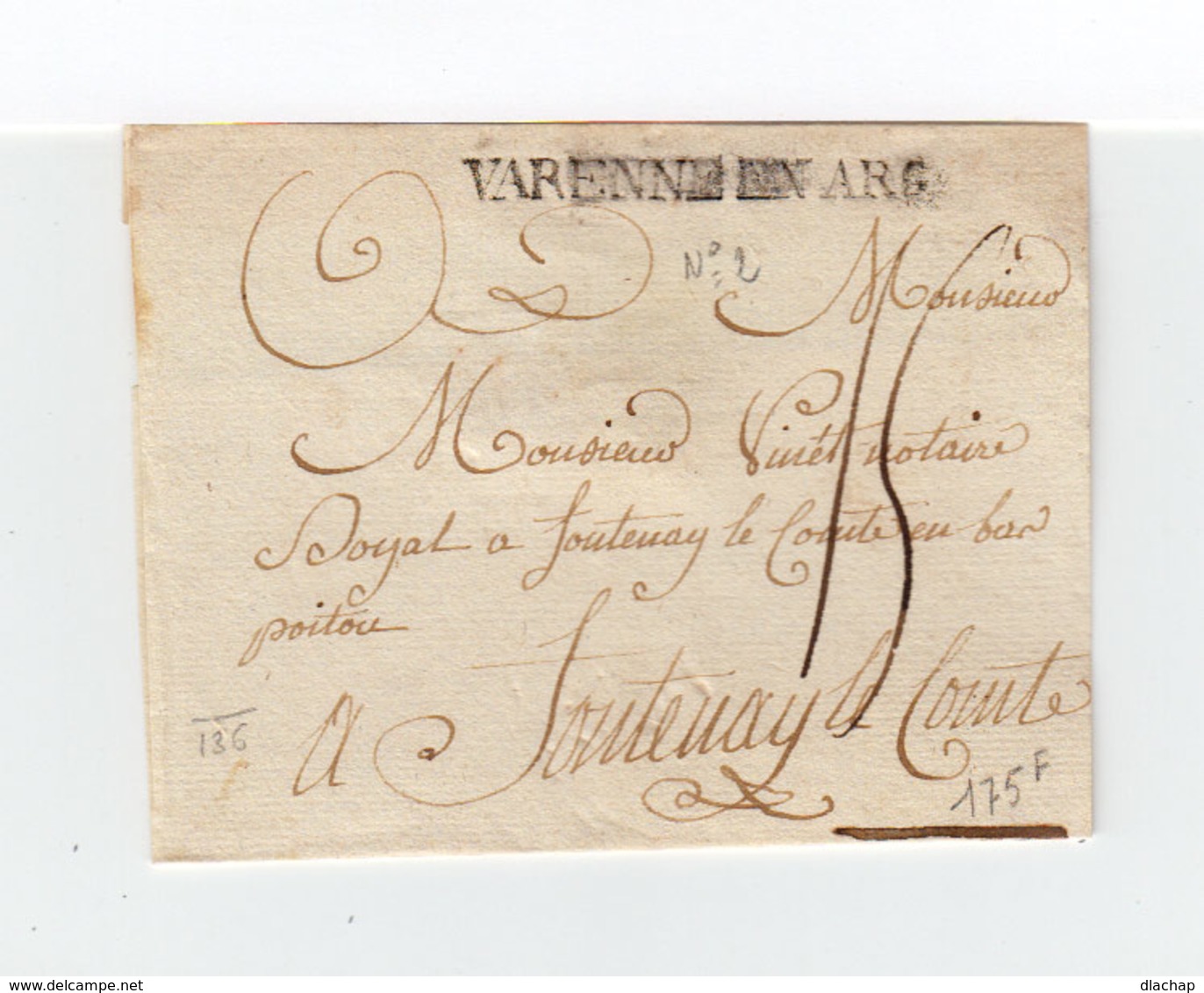 Sur Partie D'env. Cachet Linéaire Varenne En Arg. Destination Fontenay Le Comte. Taxe Manuscrite. (1109x) - 1701-1800: Precursors XVIII