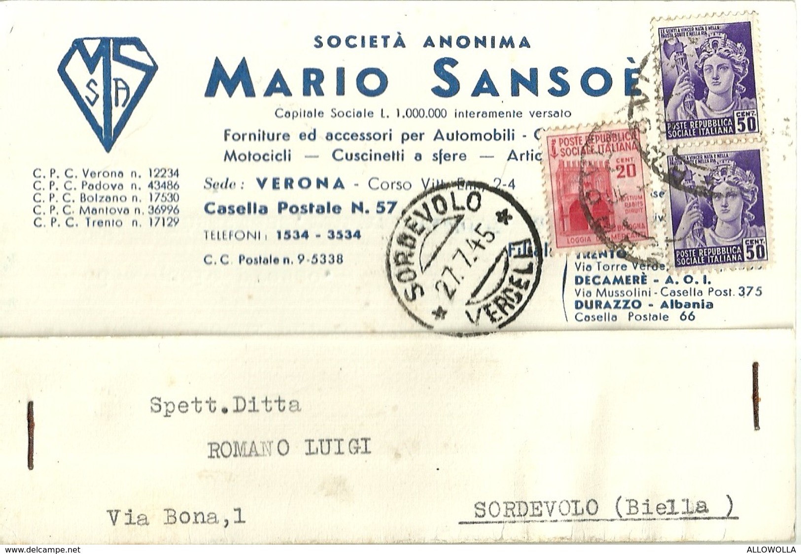 2719 "SOCIETA' ANONIMA MARIO SANSOE'-FORNITURE E ACCESSORI PER AUTOMOBILI-VERONA " CARTOLINA POSTALE ORIGINALE SPED. - Autres & Non Classés