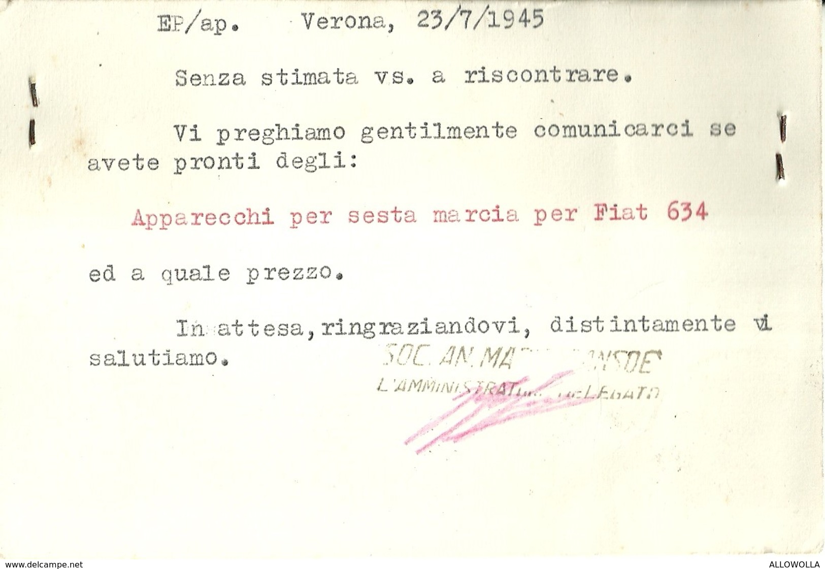 2719 "SOCIETA' ANONIMA MARIO SANSOE'-FORNITURE E ACCESSORI PER AUTOMOBILI-VERONA " CARTOLINA POSTALE ORIGINALE SPED. - Autres & Non Classés