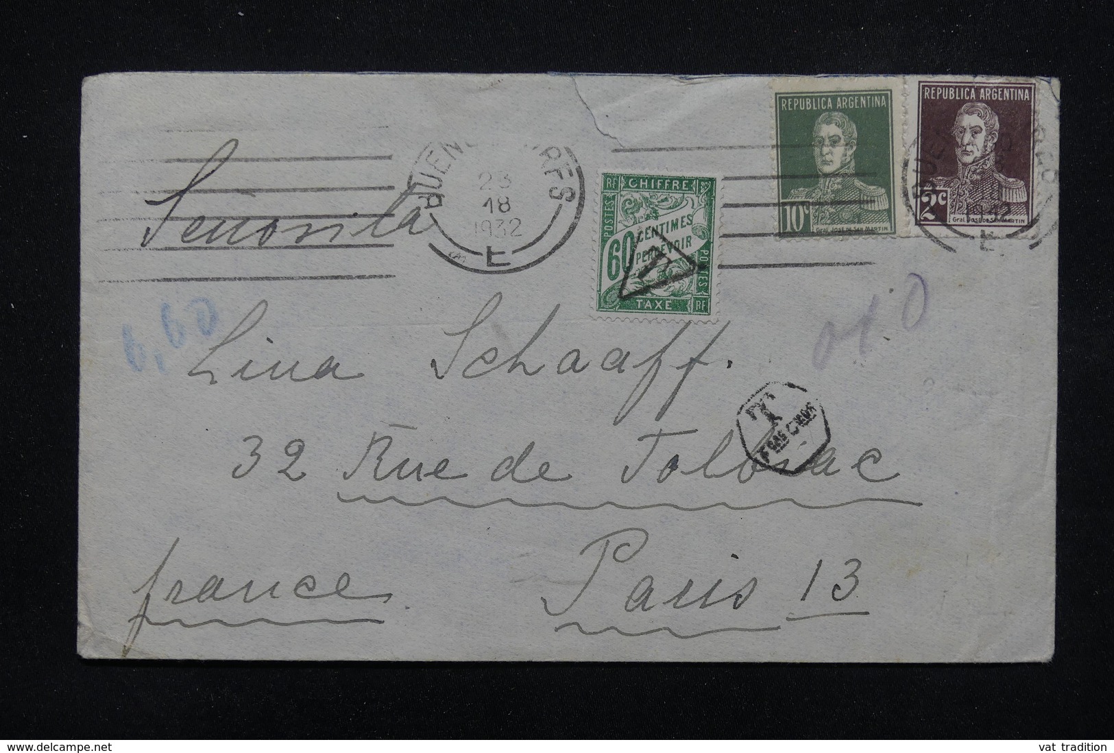 FRANCE - Taxe De Paris Sur Enveloppe D 'Argentine En 1932 - L 23294 - 1859-1959 Lettres & Documents