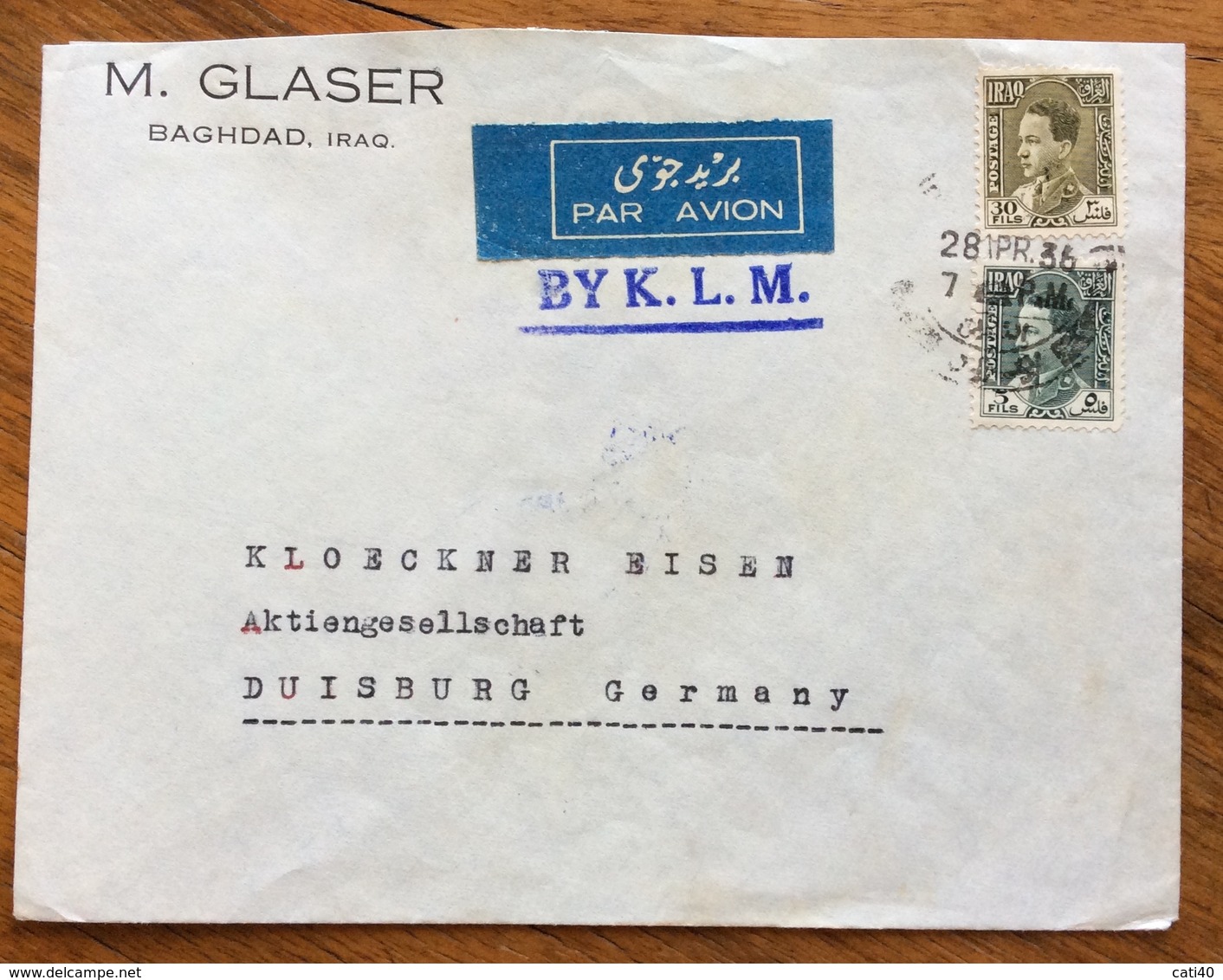 IRAQ  ENVELOPE COVER PAR AVION BY K.L.M.  FROM BAGHDAD   TO DUISBURG GERMANY  THE  28/4/36 - Iraq