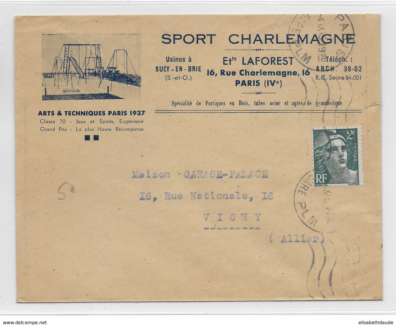 1945 - ENVELOPPE PUB DECOREE (SPORT CHARLEMAGNE) à PARIS - 1921-1960: Modern Period