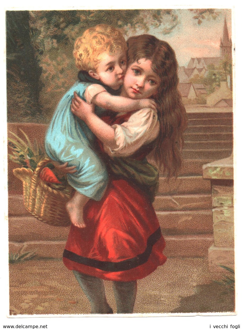 Chromo Grand Format, Vict. Trade Card. Jeune Fille Tenant Un Bébé Dans Ses Bras. Peut-etre Testu Massin Pas Répertoriée - Autres & Non Classés