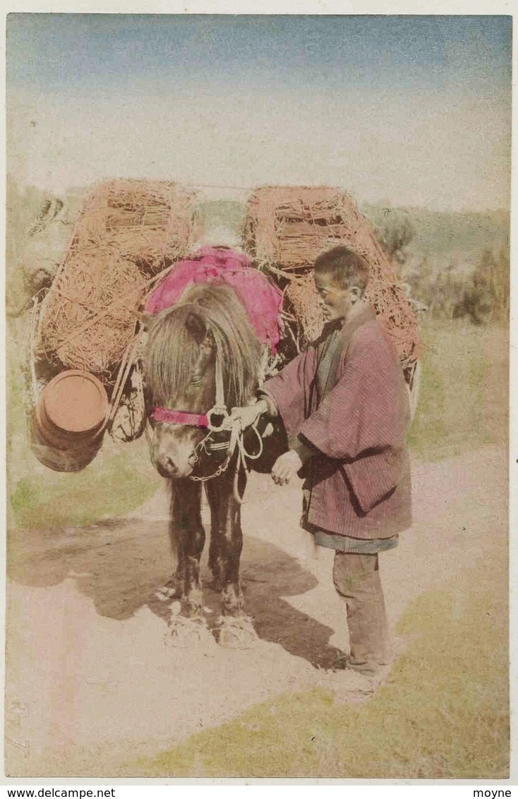 25 -  2 Photos Du Japon 19e - METIER  1) MARCHAND ET SON CHEVAL - 2) NEGISHI YOKOAMA Sur Papier Albuminé Et Aquarellé - - Anciennes (Av. 1900)