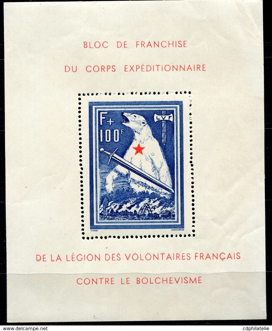 FRANCE L. V. F. N°1 ** F+100F BLEU ET ROUGE BLOC-FEUILLET DE L'OURS - Libération