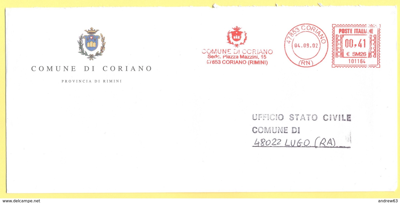 ITALIA - ITALY - ITALIE - 2002 - 00,41 EMA, Red Cancel - Comune Di Coriano - Viaggiata Da Coriano Per Lugo - Macchine Per Obliterare (EMA)