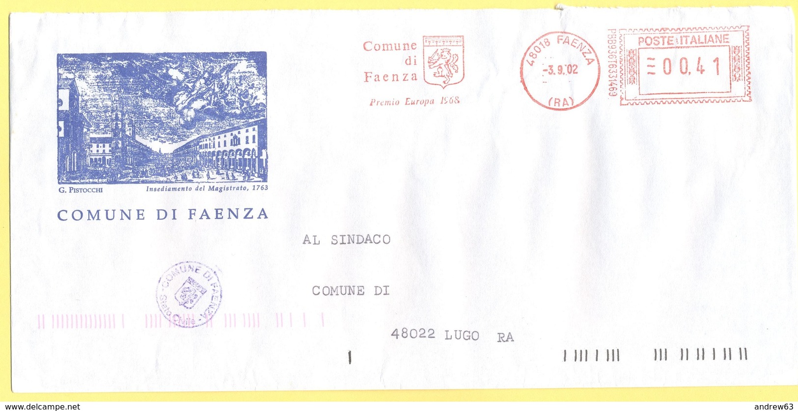 ITALIA - ITALY - ITALIE - 2002 - 00,41 EMA, Red Cancel - Comune Di Faenza - Viaggiata Da Faenza Per Lugo - Macchine Per Obliterare (EMA)