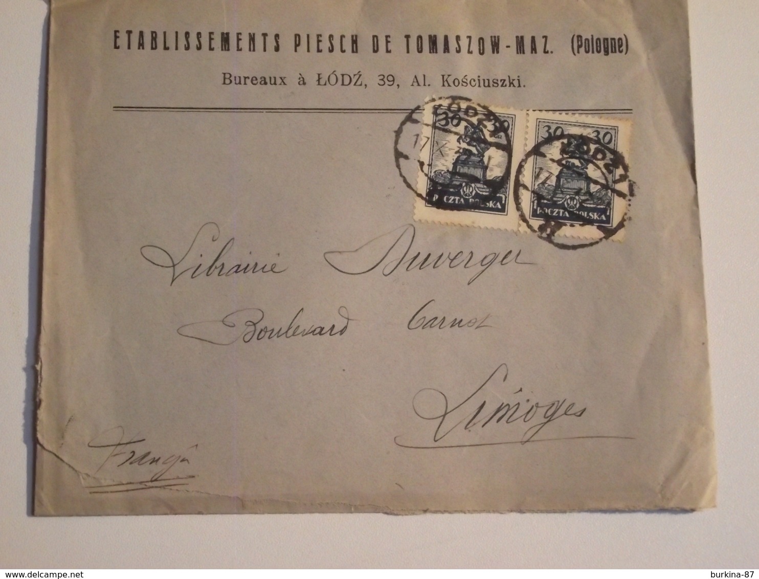 Enveloppe Postée à  LODZ, Pologne, Pour Limoges, 1921 - Autres & Non Classés