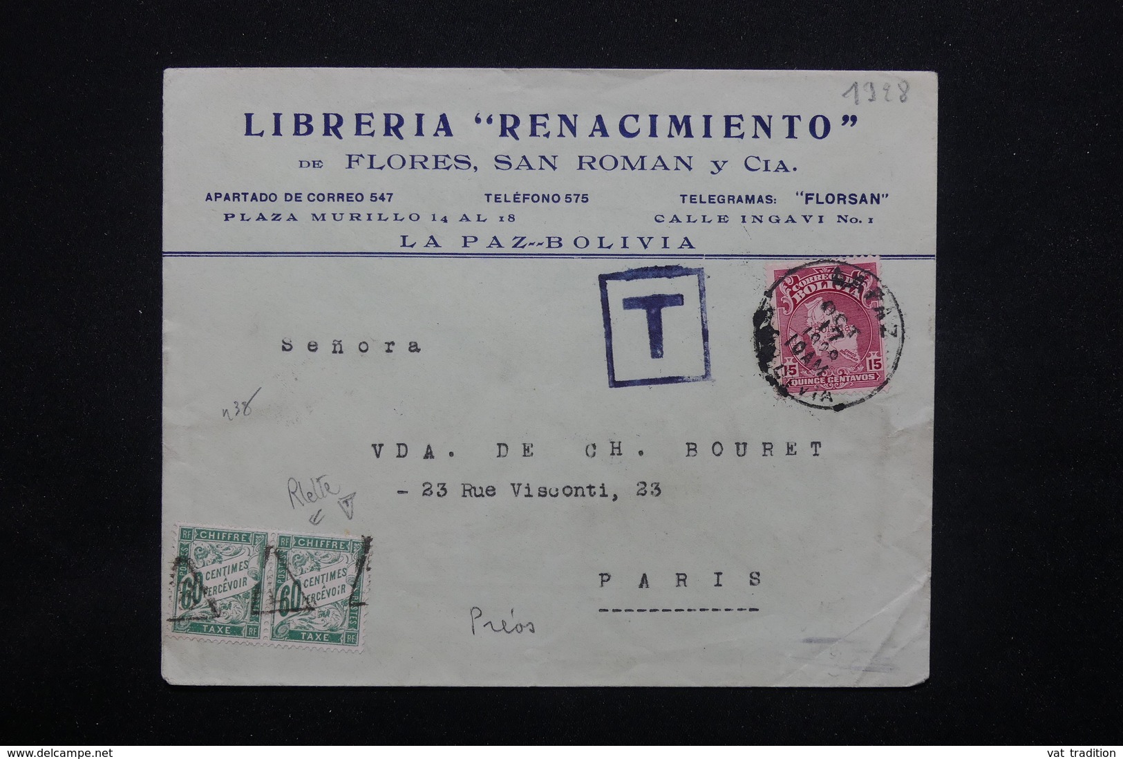 FRANCE - Taxes De Paris Sur Enveloppe Commerciale De Bolivie En 1928 - L 23303 - 1859-1959 Lettres & Documents