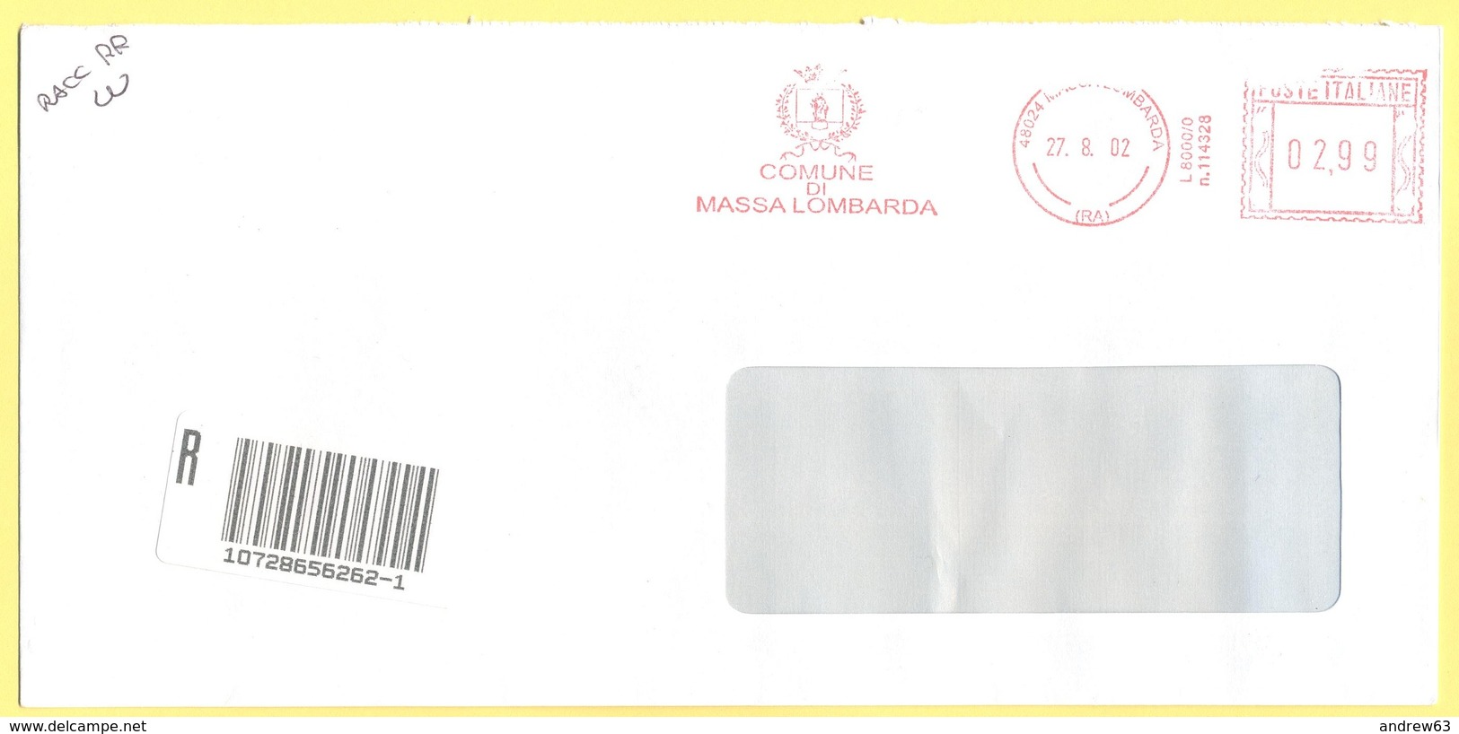 ITALIA - ITALY - ITALIE - 2002 - 02,99 EMA, Red Cancel - Comune Di Massa Lombarda - Raccomandata A.R. - Viaggiata Da Mas - Macchine Per Obliterare (EMA)