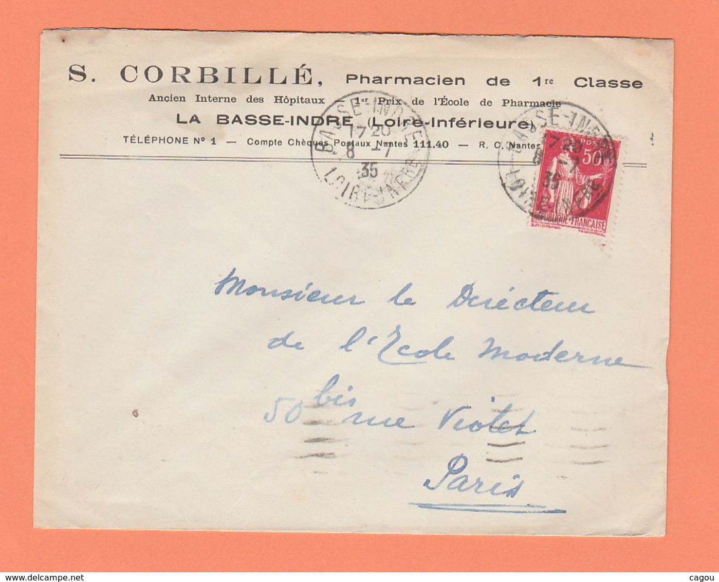 CACHET BASSE INDRE LOIRE INFre SUR LETTRE A EN TETE S.CORBILLE PHARMACIEN 1er CLASSE DE 1935 - Cachets Manuels