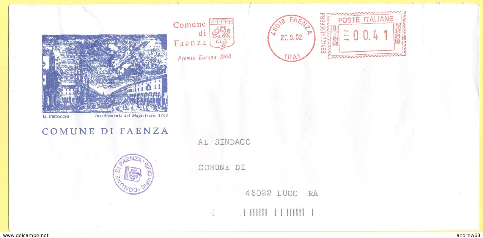 ITALIA - ITALY - ITALIE - 2002 - 00,41 EMA, Red Cancel - Comune Di Faenza - Viaggiata Da Faenza Per Lugo - Macchine Per Obliterare (EMA)