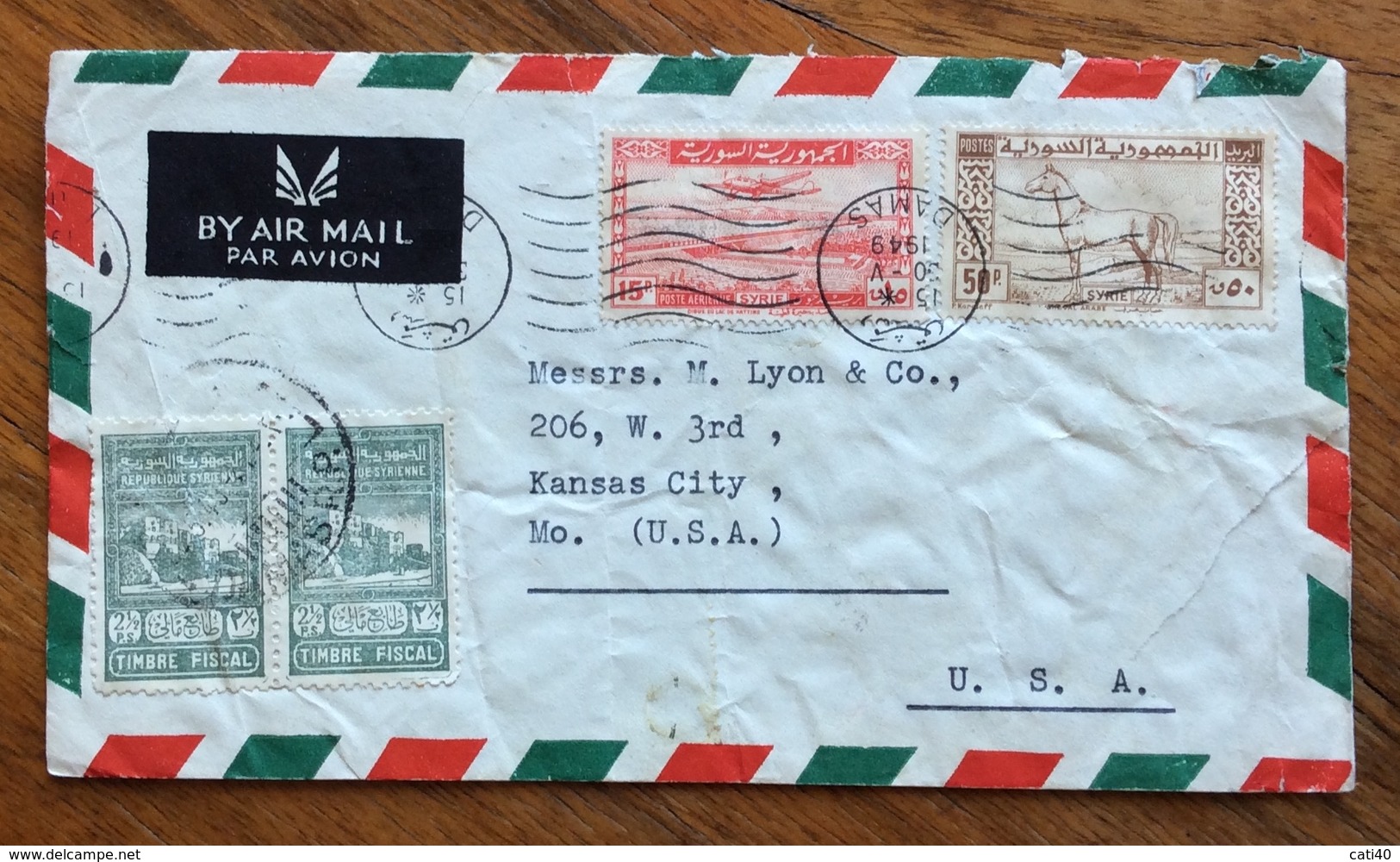 SIRYA  ENVELOPE COVER PAR AVION  FROM DAMAS TO  KANSAS CITY  U.S.A.  END TIMBRE FISVCAL  THE 30/5/1949 - Siria