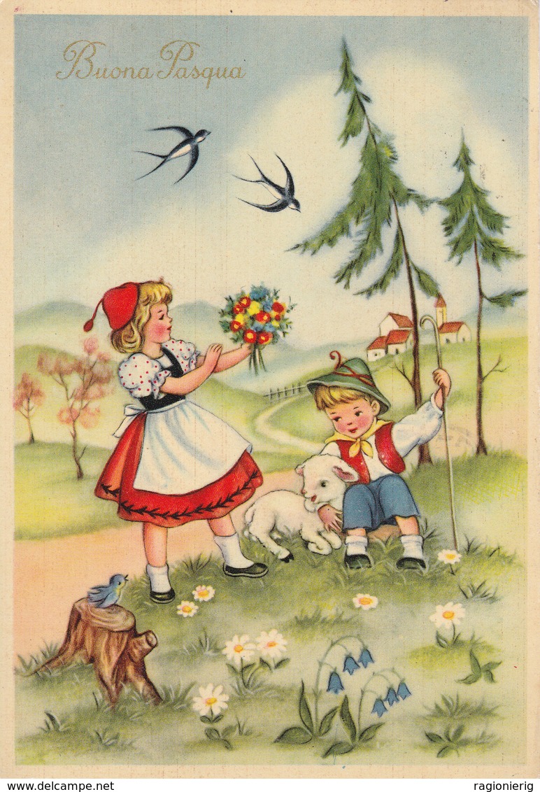 FESTE - Buona Pasqua - Happy Easter -  Joyeuses Pâques - Frohe Ostern - Coppia Di Bambini Con Pecorella E Rondini - 1955 - Pasqua