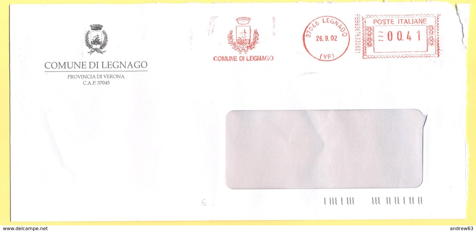 ITALIA - ITALY - ITALIE - 2002 - 00,41 EMA, Red Cancel - Comune Di Legnago - Viaggiata Da Legnago - Macchine Per Obliterare (EMA)