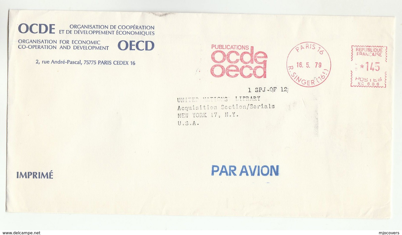 1979 France  OECD Cover METER SLOGAN  OECD PUBLICATIONS To UN LIBRARY NY USA United Nations - Covers & Documents