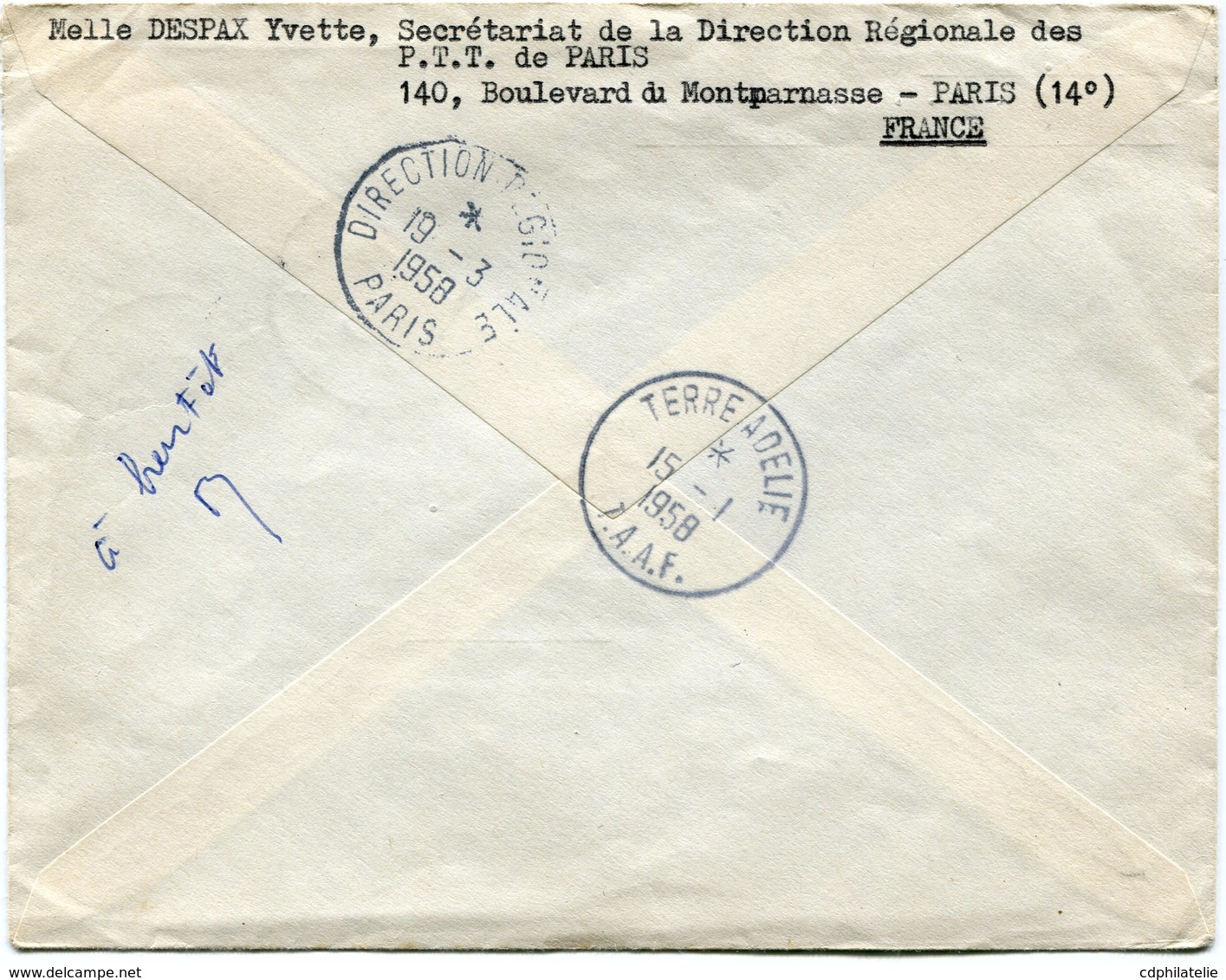 T. A. A. F.  LETTRE PAR S/S. NORSEL DEPART PARIS 15-10-1957 ARRIVEE TERRE ADELIE 15-1-1958 T.A.A.F PUIS REEXPEDIEE PARIS - Lettres & Documents