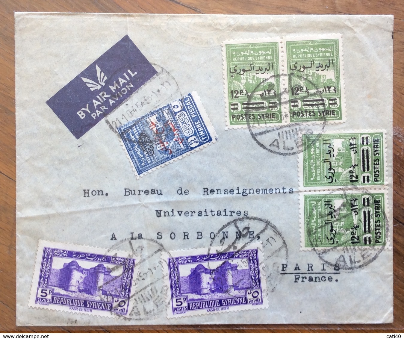 SIRYA  ENVELOPE COVER PAR AVION   FROM ALEP  TO PARIS  FRANCE    THE 11/10/45 - Siria