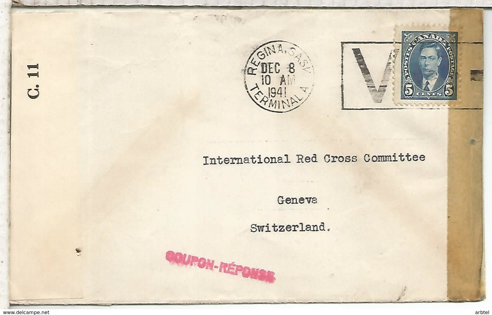 CANADA CC A CRUZ ROJA GENEVE RED CROSS 1941 V MORSE SIGNAL CACHET COUPON RESPONDE WW2 - Cartas & Documentos