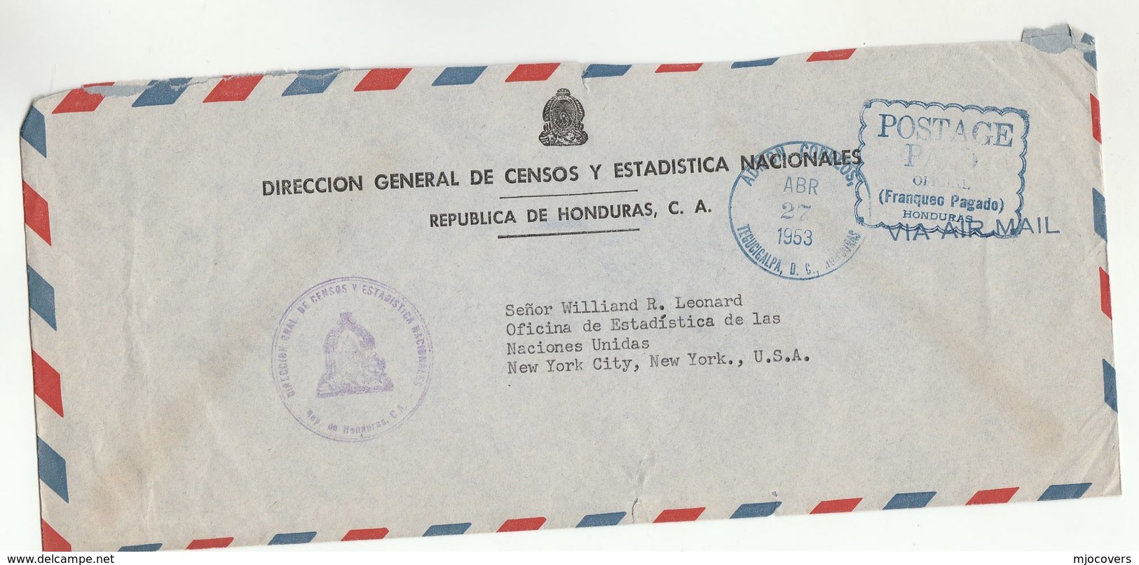 1953 HONDURAS Census STATISTICS To UNITED NATIONS Statistics NY USA COVER Postage Paid Fraqueo Pagado Airmail Un - Honduras