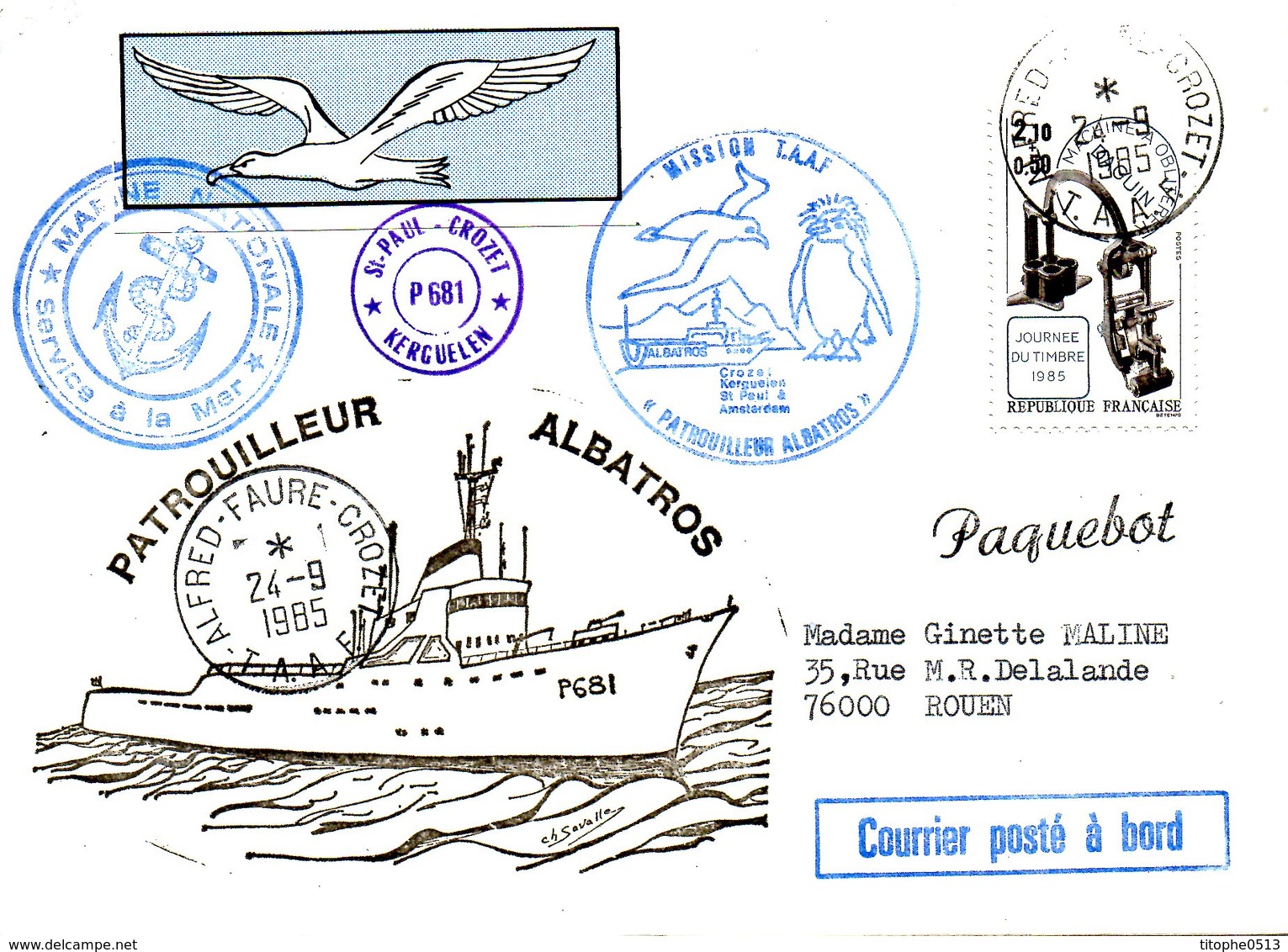 FRANCE. Enveloppe Commémorative Ayant Circulé En 1985. Le Patrouilleur "Albatros". Oblitération Alfred Faure - Crozet. - Navires & Brise-glace