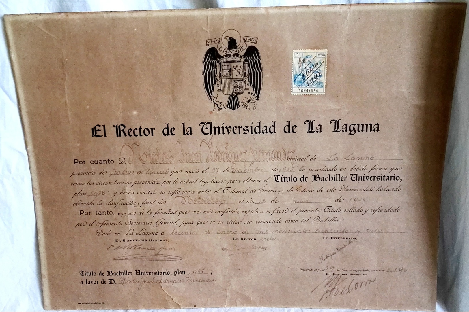 Ancien Baccalauréat Universitaire, 1947 - Université De La Laguna, Tenerife / 32x42cm - Diplômes & Bulletins Scolaires