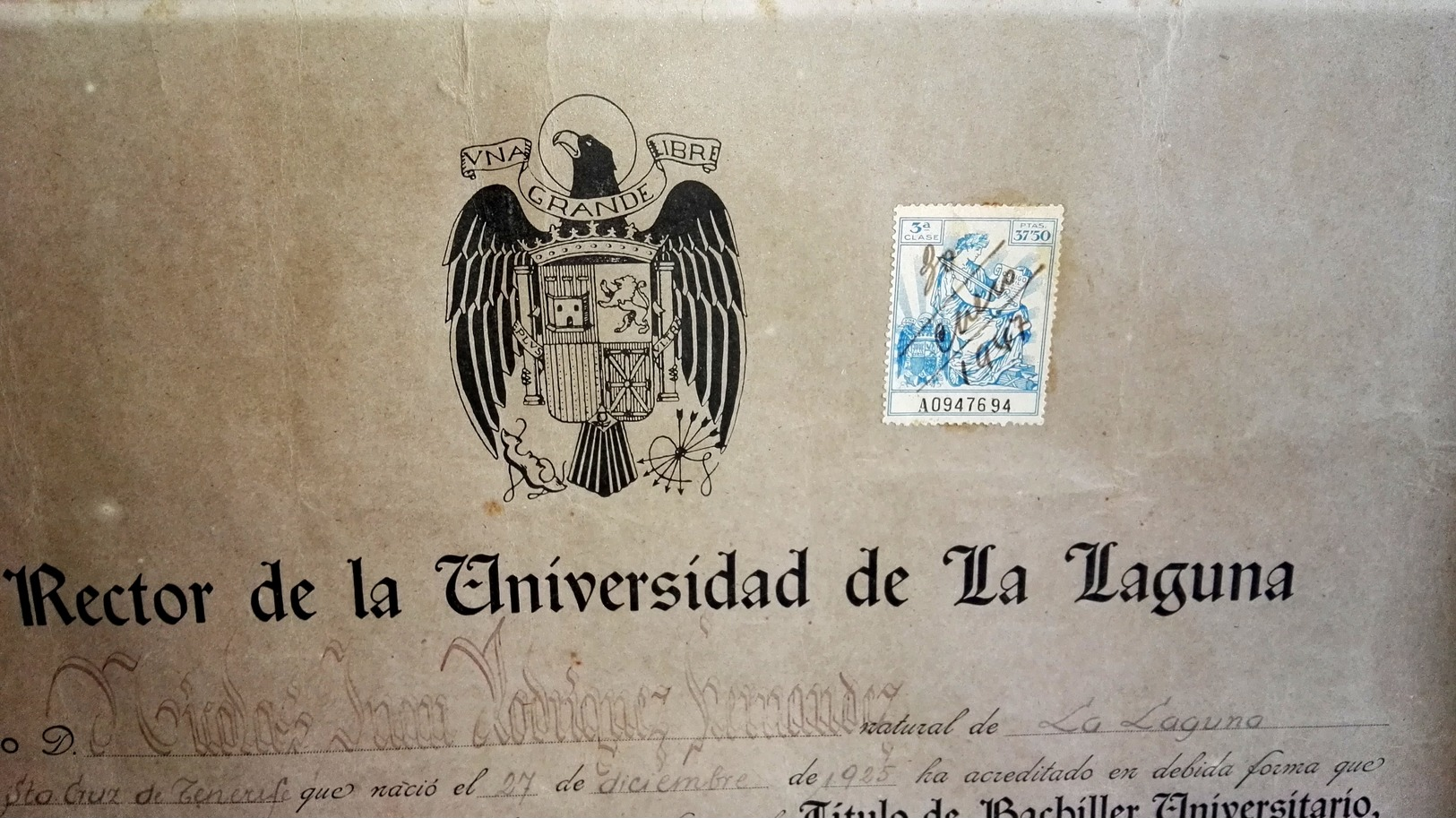 Ancien Baccalauréat Universitaire, 1947 - Université De La Laguna, Tenerife / 32x42cm - Diplômes & Bulletins Scolaires