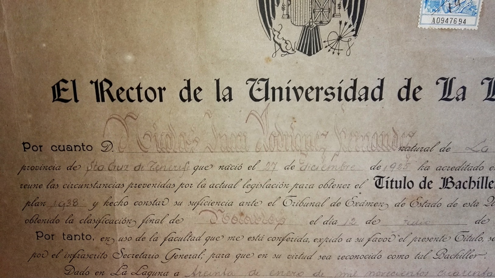 Ancien Baccalauréat Universitaire, 1947 - Université De La Laguna, Tenerife / 32x42cm - Diplômes & Bulletins Scolaires