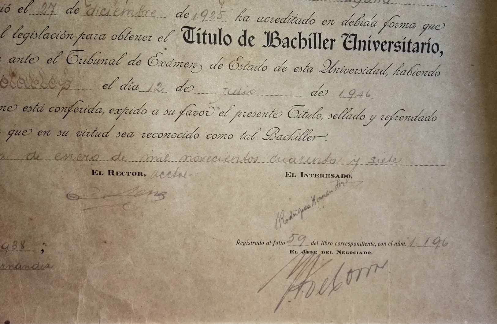 Ancien Baccalauréat Universitaire, 1947 - Université De La Laguna, Tenerife / 32x42cm - Diplômes & Bulletins Scolaires