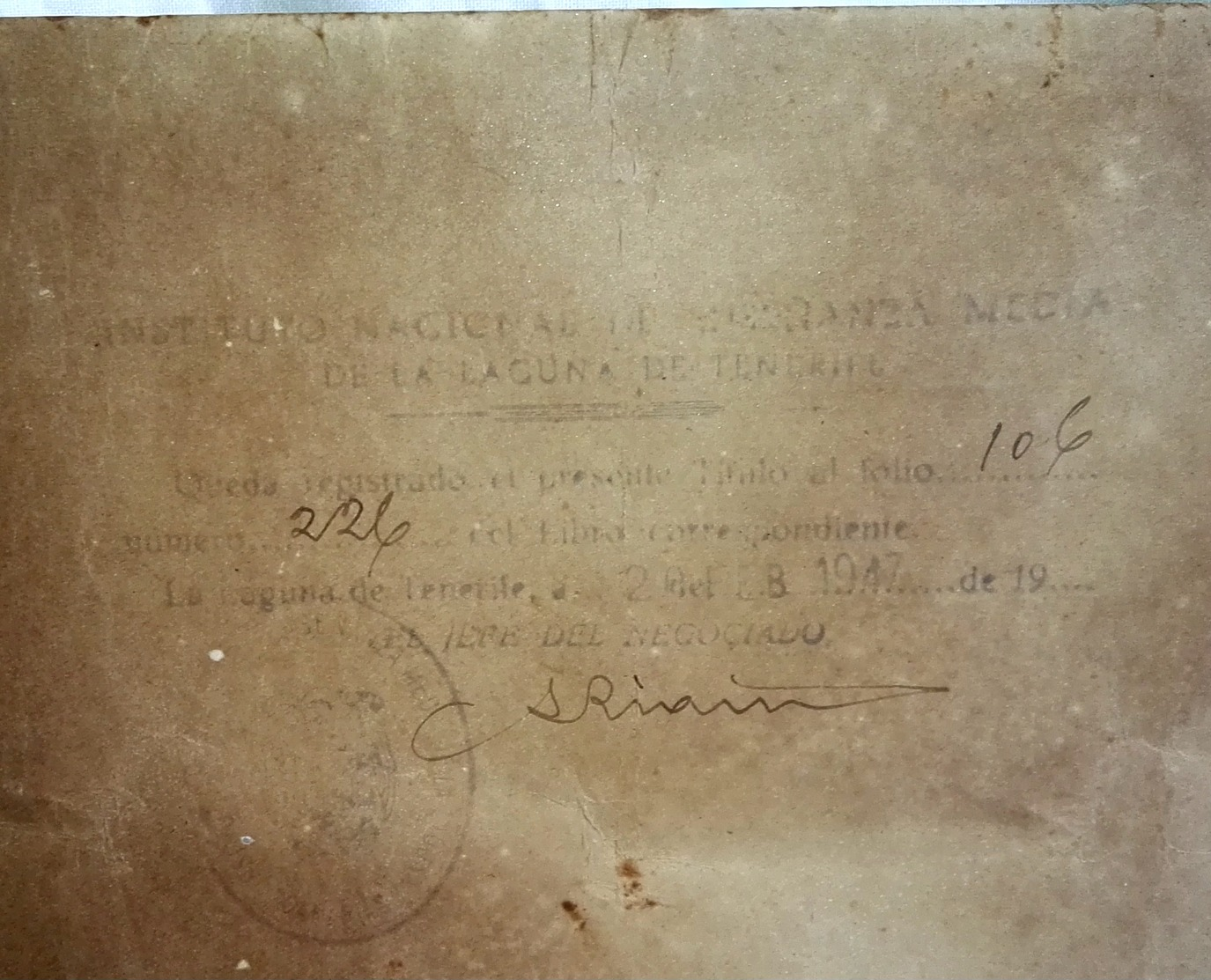 Ancien baccalauréat universitaire, 1947 - Université de La Laguna, Tenerife / 32x42cm